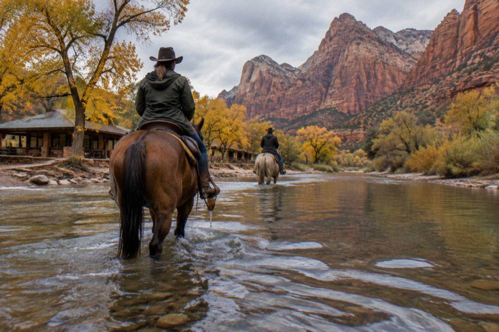 Riders on horseback crossing a shallow river between cottonwood trees and canyon walls