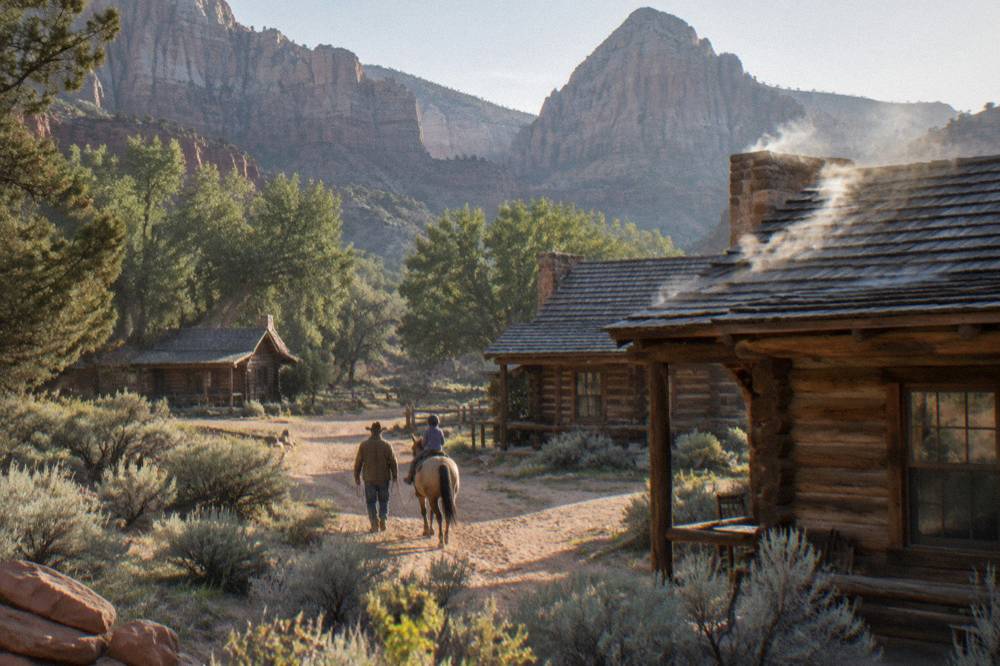 A wrangler leading a child on horseback along a dirt trail near wooden cabins